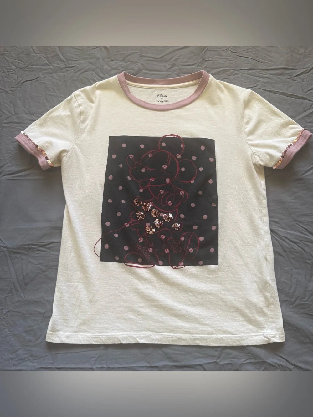 Disney X Coach Mickey Mouse Collaboration Sequin Sleeves T Shirt Size XS